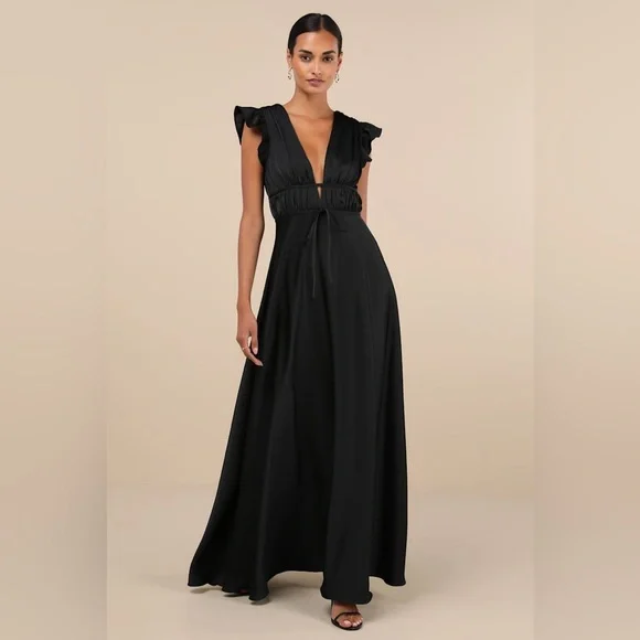 Lulus I'm All Yours Black Satin Cutout Ruffled Maxi Dress - Picture 5 of 8